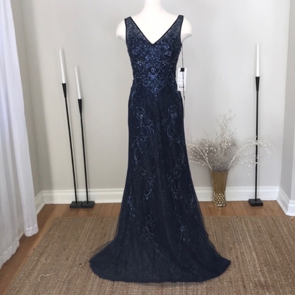 Mac Duggal Blue Beaded Lace Dress + Jacket - Picture 2 of 8